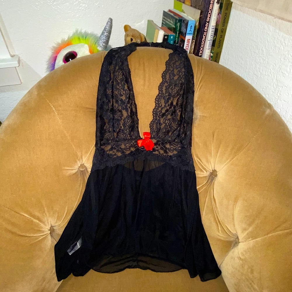 H.O.T. Black Lace Sheer Babydoll Halter Chemsie